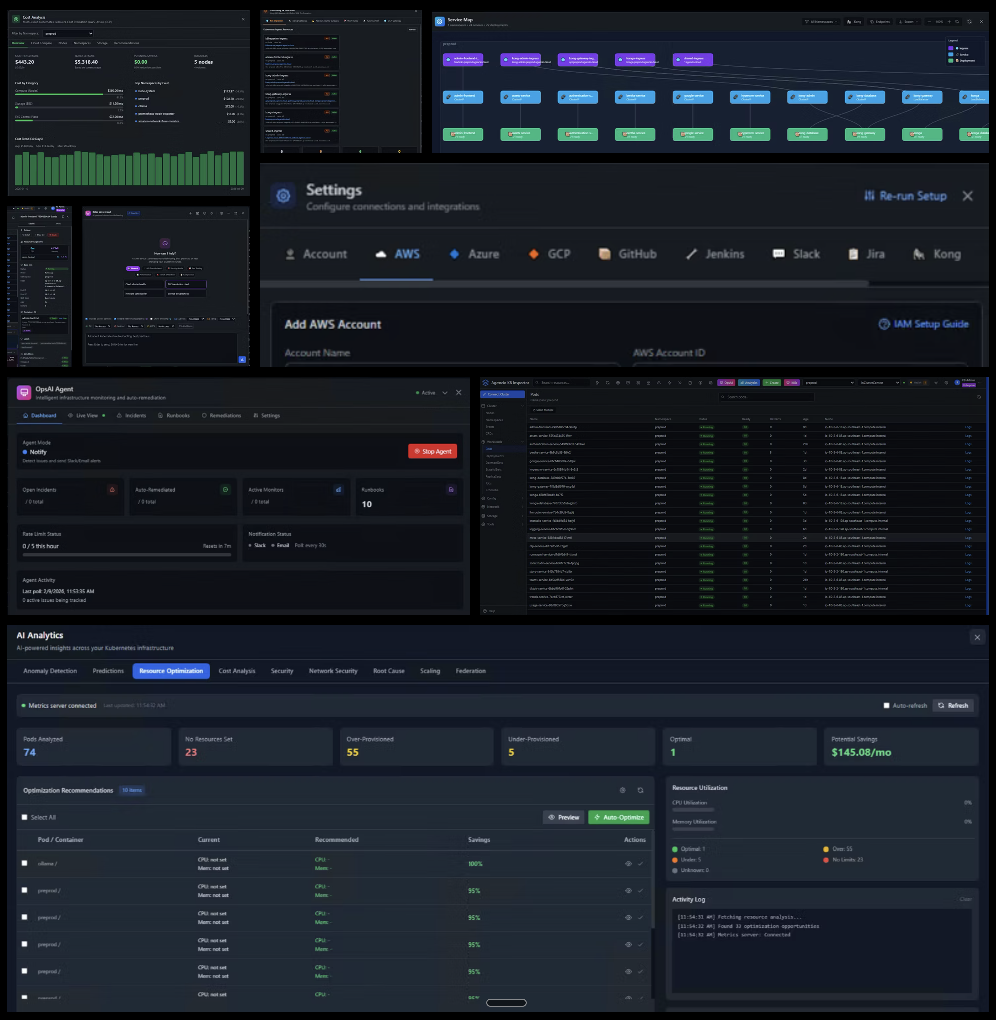 K8 Inspector Dashboard - Cost Analysis, Service Map, AI Analytics, Settings, and OpsAI Agent